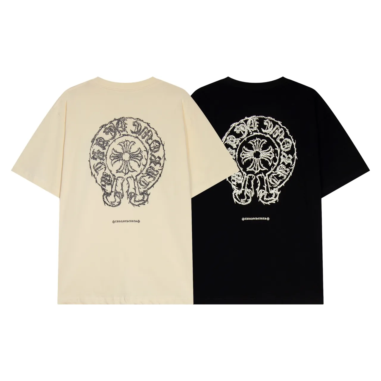 P150 Chrome Hearts Chrome Hearts Sanskrit Horseshoe Cross Short Sleeve Size: SMLXL Color: Black Apricot